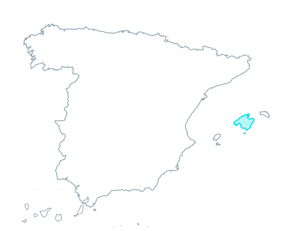 Outline map of Spain, with Mallorca highlighted in the Mediterranean and the Canary Islands shown in an inset.